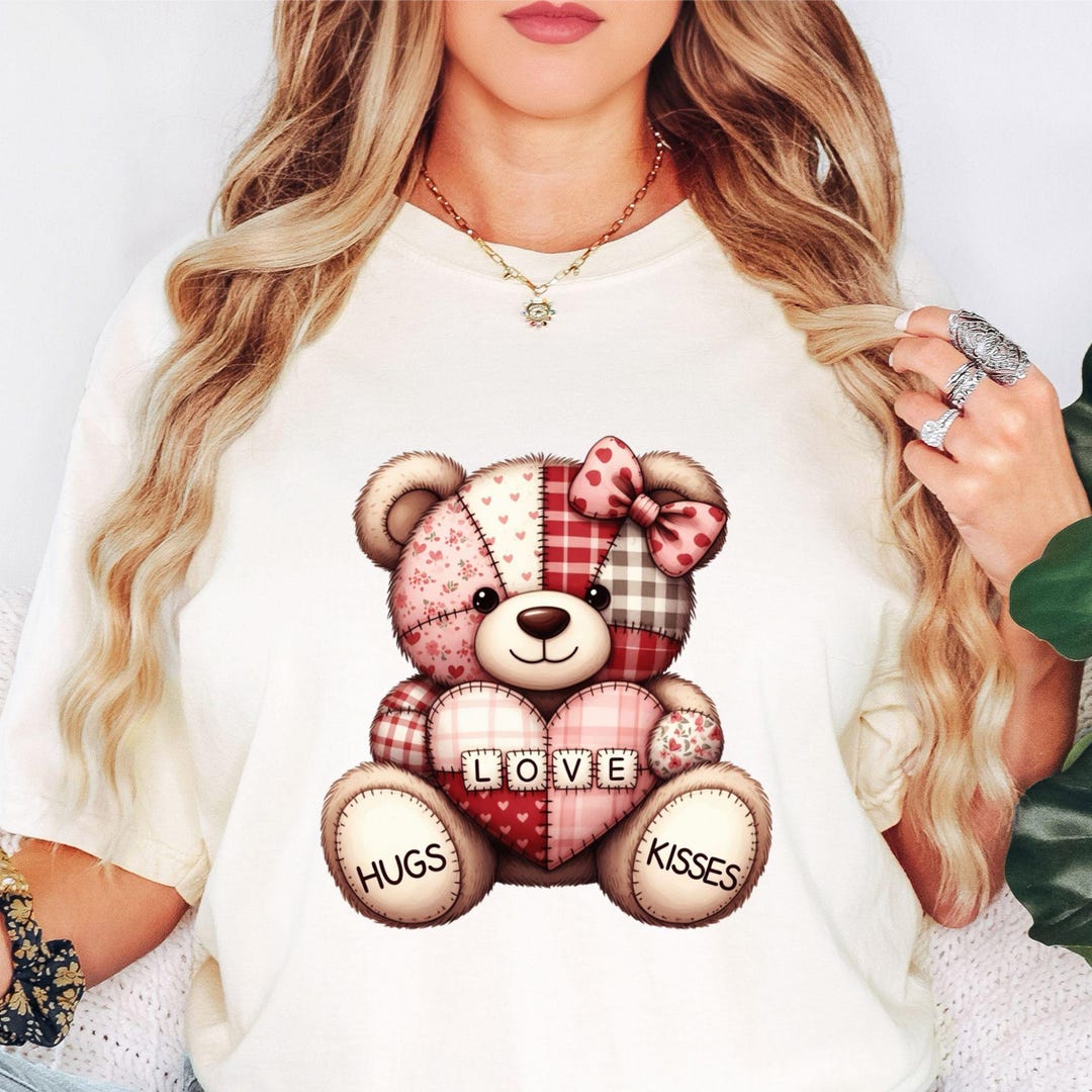 Patchwork Teddy Bear PNG Valentine Design, Love Hugs Kisses Sublimation ...