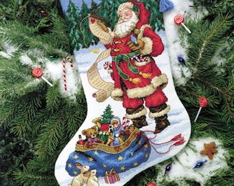 Kruissteekpatroon "Checking His List" voor een kerstsok (PDF digitaal bestand)