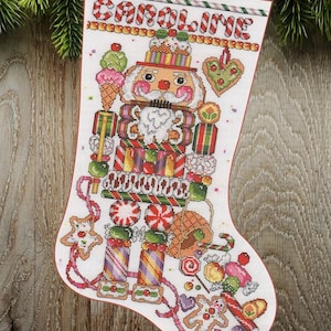 Patrón de punto de cruz contado: Calcetín de cascanueces de caramelo, archivo digital en PDF