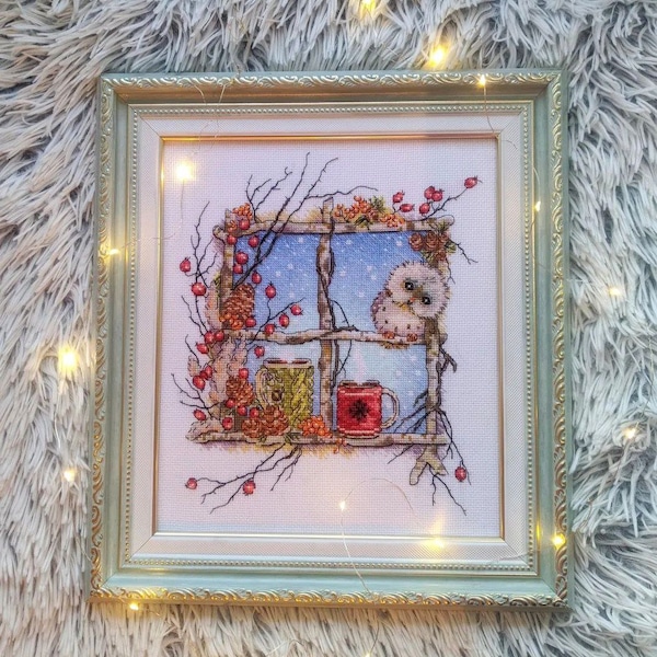 Winter Owl Embroidered cross stitch picture decorated with frame