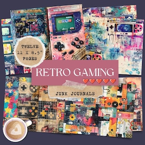 Retro Gaming Junk Journal Papers - Fondos digitales de videojuegos vintage para scrapbooking e impresión, uso comercial