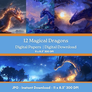 May include: Twelve digital papers featuring magical dragons in a variety of poses and settings. The dragons are blue and purple with glowing eyes and scales. The backgrounds are dark blue with stars and a moon. The papers are 11 x 8.5 inches and 300 DPI.