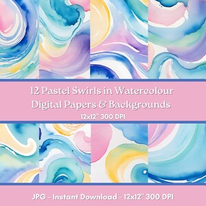 May include: Twelve digital papers featuring pastel swirls in watercolor. The papers are 12 inches by 12 inches and 300 DPI.  The papers are in shades of blue, pink, yellow, and white.