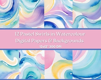 May include: Twelve digital papers featuring pastel swirls in watercolor. The papers are 12 inches by 12 inches and 300 DPI.  The papers are in shades of blue, pink, yellow, and white.