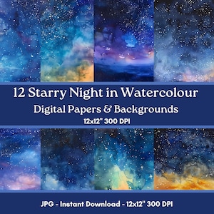 12 papéis digitais em aquarela Starry Night | Fundos noturnos em aquarela | Fundos Digitais | Fundos de álbum de recortes | Uso comercial
