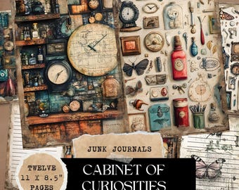 May include: A collage of vintage images featuring a cabinet of curiosities with a variety of objects, including clocks, butterflies, bottles, and other antique items. The text "JUNK JOURNALS CABINET OF CURIOSITIES" is displayed on the image. The text "TWELVE 11 x 8.5" PAGES" is also displayed on the image.