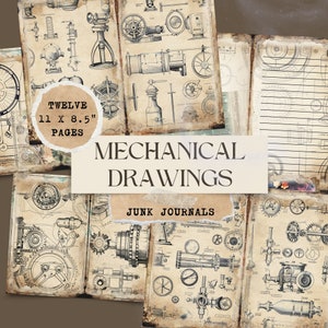 Könnte beinhalten: Zwölf Seiten mit Vintage-mechanischen Zeichnungen, perfekt für Junk Journaling. Die Seiten sind 28 cm x 21,5 cm groß und zeigen detaillierte Illustrationen von Zahnrädern, Zahnrädern und anderen Maschinen.