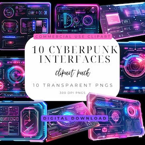 Cyberpunk Interfaces Clipart Set – UI Sci-Fi screen Tech interfaces - PNG Digital Graphics Transparent Background Commercial Use