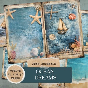 Ocean Dreams Junk Journal Kit Theme Digital Papers Sea, Beach and Boats Scenes Scrapbooking Backgrounds with Commercial Use
