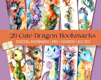 Niedliche Fantasy Drachen Lesezeichen, Aquarell Kunst, bedruckbares Set (digitaler Download)