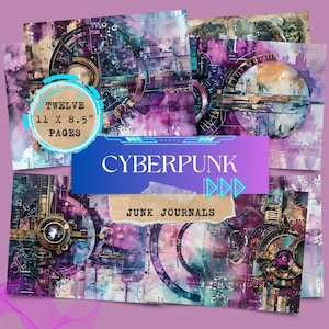 12 Cyberpunk Themed Junk Journal Digital Papers Scrapbooking Backgrounds Sci-fi Futuristic Download with Commercial Use