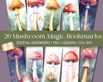 Mushroom Watercolor Bookmarks: Magic Fungai Art, Printable Bundle (Digital Download)