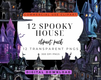 Spooky Houses Clipart: 12 Halloween PNGs, Creepy Horror (Digital Download)