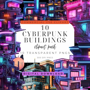 Futuristic Cyberpunk Buildings & Houses Clipart Set – Tech and Sci-fi PNG Digital Graphics Transparent Background Commercial Use