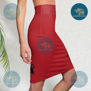 May include: A red pencil skirt with a black elephant graphic and the text "Strong Like an Elephant".