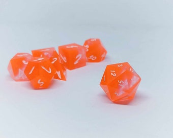 Luminescent Orange Dice Set - Handmade Sharp Edge Resin Dice Set