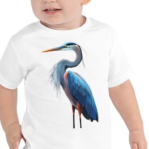 Camiseta infantil de garza azul grande colorida: camiseta de arte de aves de la naturaleza para niños pequeños. Camiseta de manga corta.