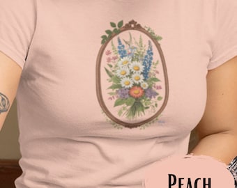 ワイルドフラワーグラフィックTシャツ：ボヘミアンフローラルTシャツ、自然愛好家へのギフト