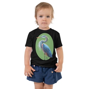 Camiseta infantil de garza azul grande colorida: camiseta de arte de aves de la naturaleza para niños pequeños. Camiseta de manga corta.