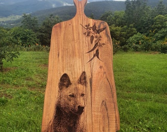 Dingo & Eucalyptus Custom Engraved Australian Native Hardwood Chopping/Cutting/Serving Paddle Board