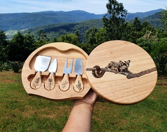 Sugar Glider Australian Native Engraved Cutting Chopping Cheese Serving Board with 4 Knives Set