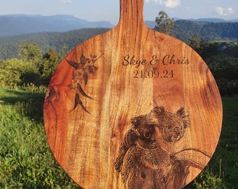 Personalised Wedding Gift With Name And Date Australian Native Koala And Eucalypt Engraved Cutting Chopping Serving Board