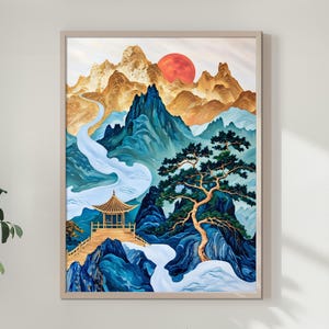 Japanese Mountain River Art Print: Hokusai Style Asian Landscape, Blue Green Japanese Home Decor Asian landscape art, Traditional japan art