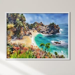 Colorful Сalifornia coast, Сalifornia travel art, beach illustration, big sur watercolor painting, california landscape, Big Sur art print