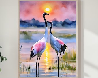 日本の鶴の水彩画アートプリント：モダンな鳥の水彩画 / ミニマリスト