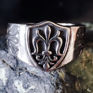 BAGUE Homme Fleur de Lys en Argent S925, Chevalière Fleur de Lys, Bijou Médiéval, Bague Moyen-Age, Cadeau bijou fête des pères