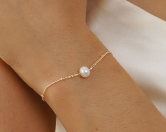 Pulsera de perlas naturales de agua dulce Cadena de cuentas, Joyería de boda, Pulsera de oro, Pulsera de una sola perla, Regalo para dama de honor, Regalo del Día de las Madres