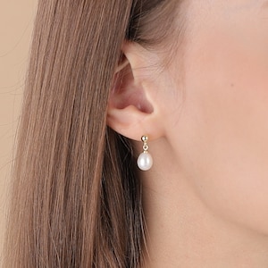 Real Freshwater Pearl Earrings, Minimalist Single Drop Pearls Earrings, Stud Gold Pearl Earrings,Bridesmaid Gift, Birthday, Mothers Day Gift image 1