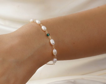 925 Sterling Silver Natural Freshwater Pearl Bracelet, Dainty Emerald Stone Bracelet, Wedding Bracelet, Bridesmaid Gift, Mother's Day Gift