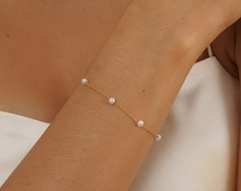 925 Sterling zilveren parel armband, sierlijke parel kralen armband, eenvoudige armband, gouden bruids armband, bruiloft sieraden, cadeau voor moeder voor haar