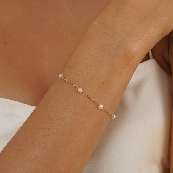 Bracciale di perle in argento sterling 925, delicato braccialetto di perle di perle, braccialetto semplice, braccialetto da sposa in oro, gioielli da sposa, regalo per la mamma per lei