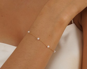 925 Sterling Silver Pearl Bracelet, Dainty Pearl Beads Bracelet, Simple Bracelet, Gold Bridal Bracelet,Wedding Jewelry, Gift for Mom for Her