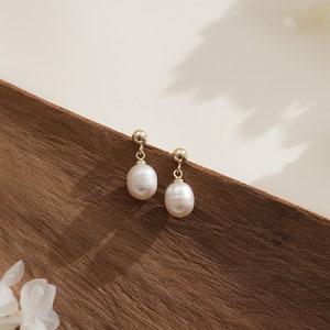 Real Freshwater Pearl Earrings, Minimalist Single Drop Pearls Earrings, Stud Gold Pearl Earrings,Bridesmaid Gift, Birthday, Mothers Day Gift image 8