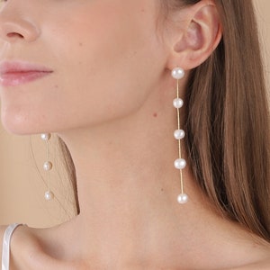 Dainty Long Pearl Earrings, Natural Multiple Pearls Earrings,Dangle Pearl Earrings,Handmade Bridal Earrings,Wedding Earrings,Bridesmaid Gift image 5