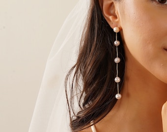 Zierliche lange Perlenohrringe, natürliche mehrere Perlen Ohrringe, baumeln Perlenohrringe, handgemachte Brautohrringe, Hochzeitsohrringe, Brautjungfer Geschenk