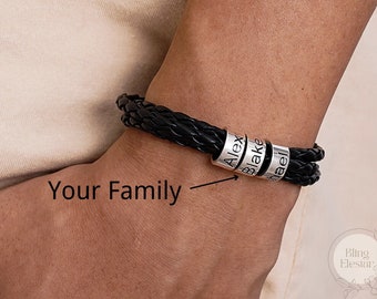 Pulsera de cuero personalizada para hombre, joyería de cuero hecha a mano con cuentas de plata, regalo para papá, regalos de graduación para él niño papá novio