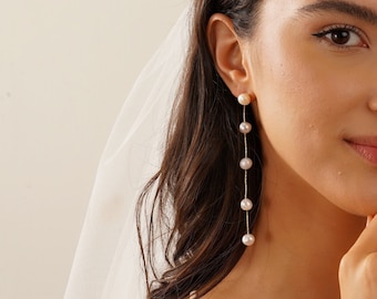 Pendientes de perlas largas delicadas, pendientes de perlas múltiples naturales, pendientes de perlas colgantes, pendientes de novia hechos a mano, pendientes de boda, regalo de dama de honor