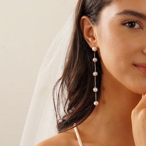 Dainty Long Pearl Earrings, Natural Multiple Pearls Earrings,Dangle Pearl Earrings,Handmade Bridal Earrings,Wedding Earrings,Bridesmaid Gift image 1