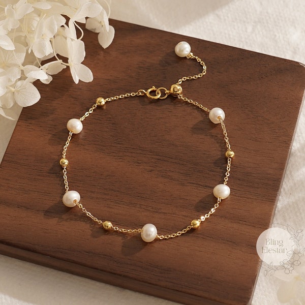 Bracelet en véritables perles d'eau douce naturelles, bracelet délicat en or 14 carats, bracelet de perles, bracelet simple, cadeau de la Saint-Valentin, cadeau de demoiselle d'honneur