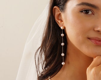 Dainty Long Pearl Earrings, Natural Multiple Pearls Earrings,Dangle Pearl Earrings,Handmade Bridal Earrings,Wedding Earrings,Bridesmaid Gift