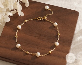 Bracelet en véritables perles d'eau douce naturelles, bracelet délicat en or 14 carats, bracelet de perles, bracelet simple, cadeau de la Saint-Valentin, cadeau de demoiselle d'honneur