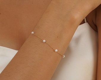 Bracciale di perle in argento sterling 925, delicato braccialetto di perle di perle, braccialetto semplice, braccialetto da sposa in oro, gioielli da sposa, regalo per la mamma per lei