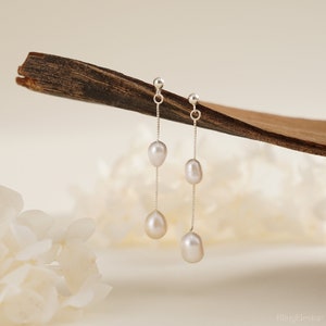 Natural Freshwater Pearl Drop Earrings, Two Pearl Long Earrings, Bridal Earrings, Genuine Pearl Jewellery, Bridesmaid Gift, Mothers Day Gift image 4