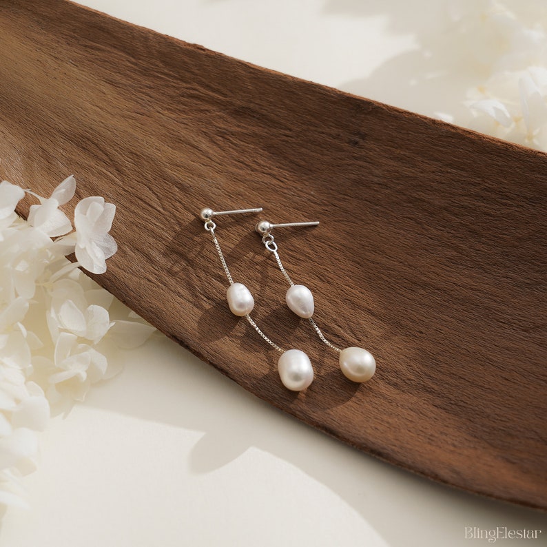 Natural Freshwater Pearl Drop Earrings, Two Pearl Long Earrings, Bridal Earrings, Genuine Pearl Jewellery, Bridesmaid Gift, Mothers Day Gift image 2