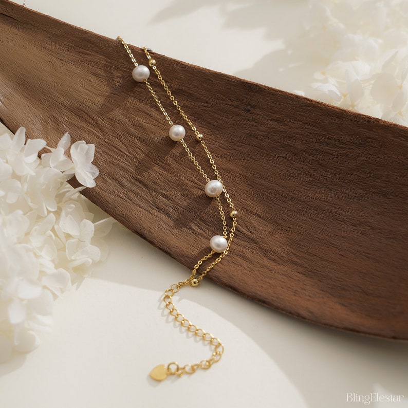 Double Chain Pearl Bracelet, Layer Gold Bracelet, Natural Freshwater Pearls Bracelet, Wedding Bracelet, Bridesmaid Gift, Mothers Day Gift zdjęcie 4
