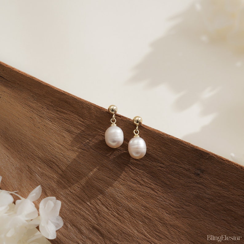 Real Freshwater Pearl Earrings, Minimalist Single Drop Pearls Earrings, Stud Gold Pearl Earrings,Bridesmaid Gift, Birthday, Mothers Day Gift image 8